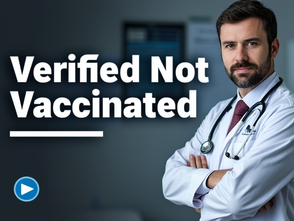 a photo of a doctor looking at a chart and looking confident that says Verified Not Vaccinated