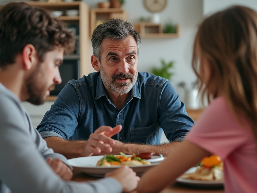 a photo of a middle-aged dad sitting at a kitchen table speaking while a wife and a teenage boy and girl listen in