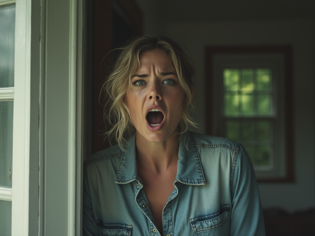 a photo of a woman standing on the porch looking under the camera yelling at someone off-screen
