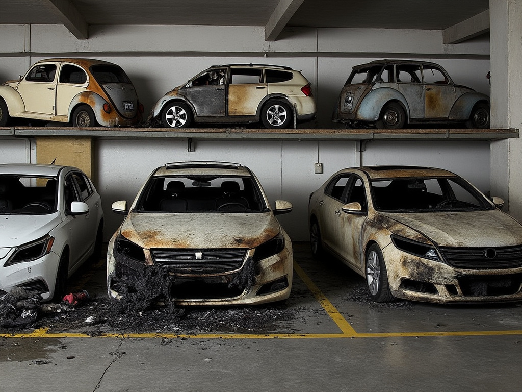 a photo of at least six vehicles in a parking garage, some burned up but most untouched