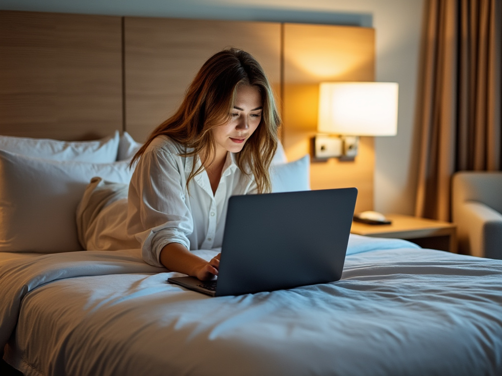 a photo of a woman looking at her laptop on one of the cheap IKEA style beds in a holiday inn