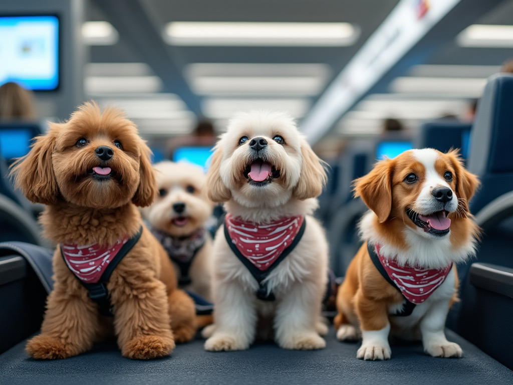 a photo of an American Airlines flight boarding where all the passengers are dogs