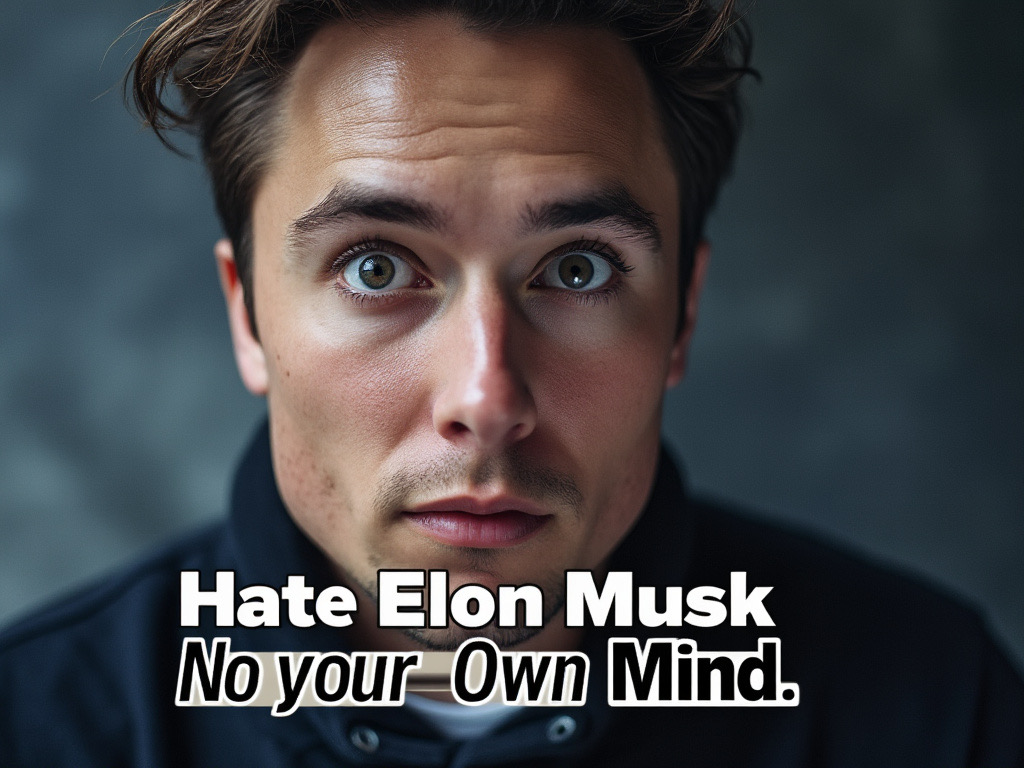photo of a young man looking down, eyes up to focus on the camera. There is superimposed text that reads "Neuralink: Hate Elon Musk in Your Own Mind"