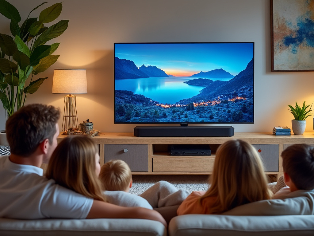 a picture of a JBL sound bar and TV with Family on the couch watching tv