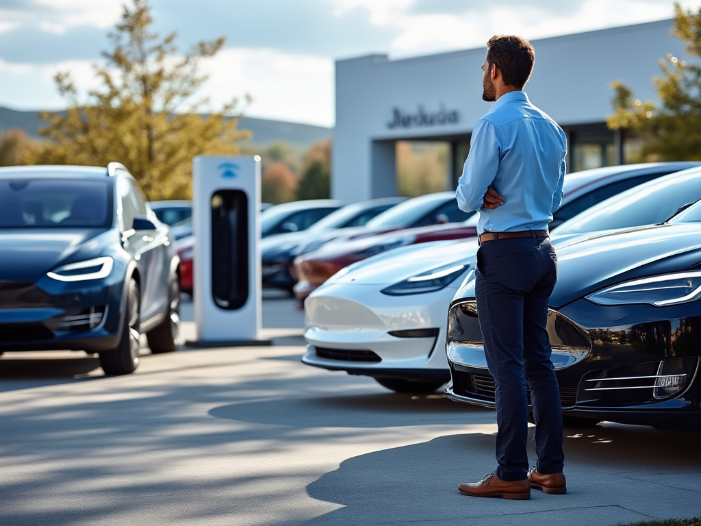 a photo of a man looking at electric cars on a dealership lot