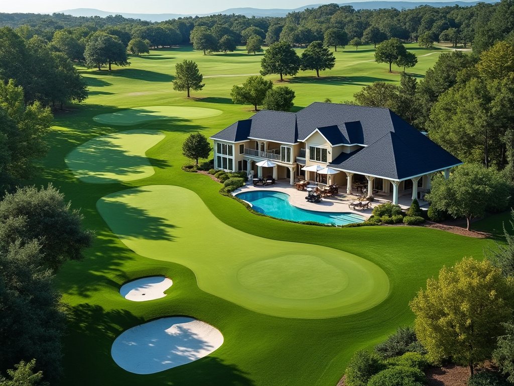 a photo from a space station looking down on a golf course home with lots of grass and a golf cart and a pool