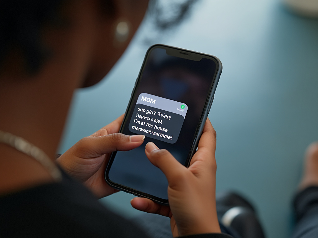 a closeup photo of a woman's hand holding an iPhone, with a blurry woman in the background with a Janelle Monae hair silhouette. The iPhone screen shows a text message from "MOM" that says "sup girl? Yay or nay? I'm at the house mercenaries!"