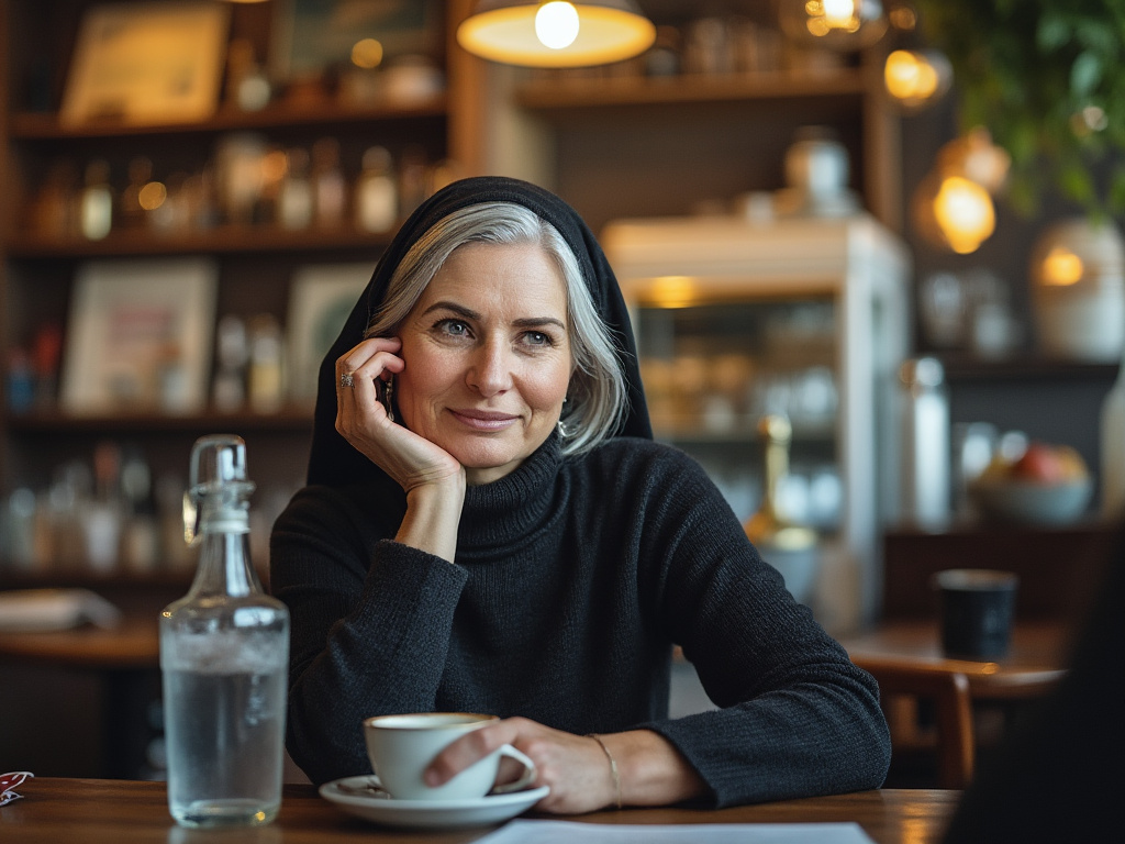 a photo of a weary woman wearing yamaka sitting in a cafe