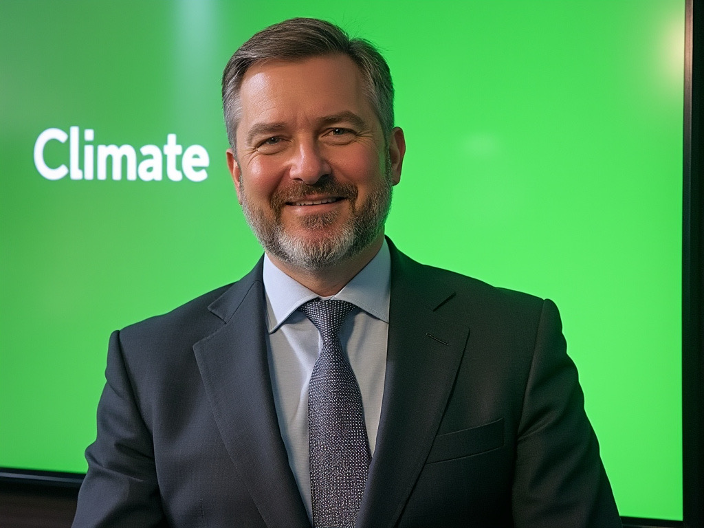 a picture of a man with a green screen behind him saying "Climate" on it