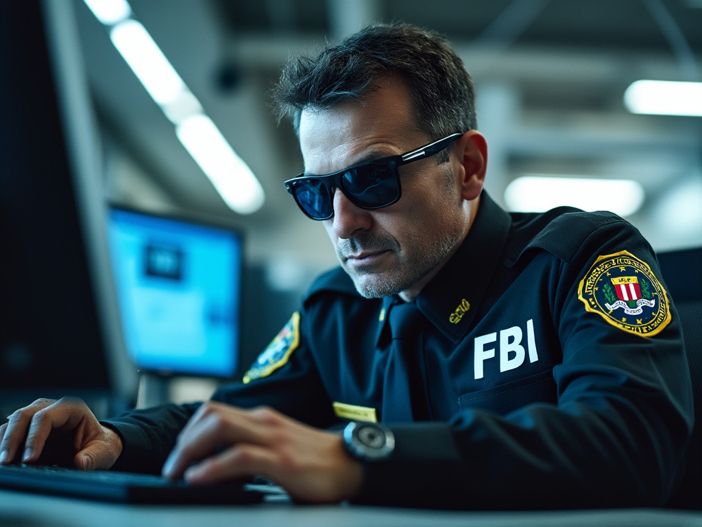 photo of an FBI agent in sunglasses looking at computer screen