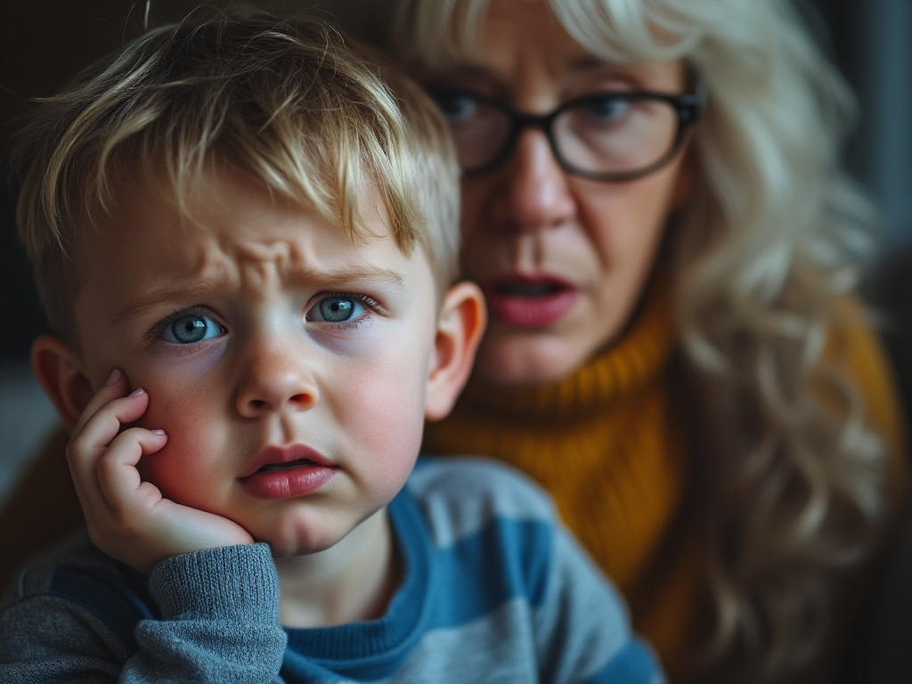 a photo of an upset 5 or 6 year old little boy with a blurred background and grandma in the back looking guilty