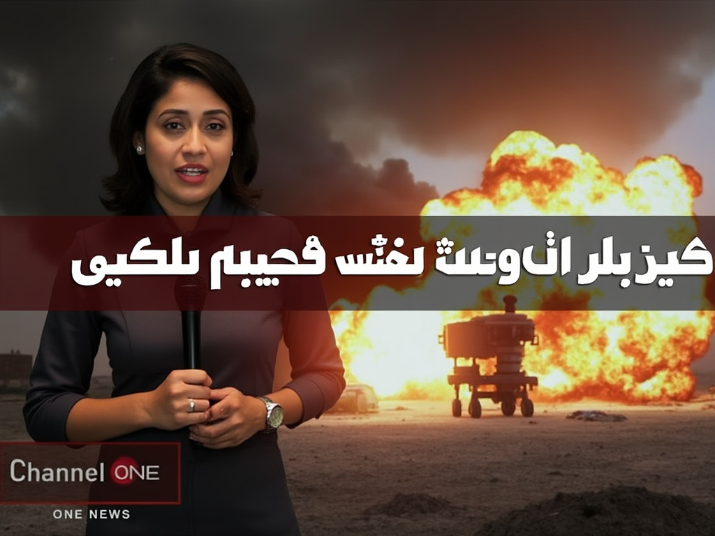 an image of a journalist holding a microphone in front of an explosion with the Arabic text \"Channel One News\" on it