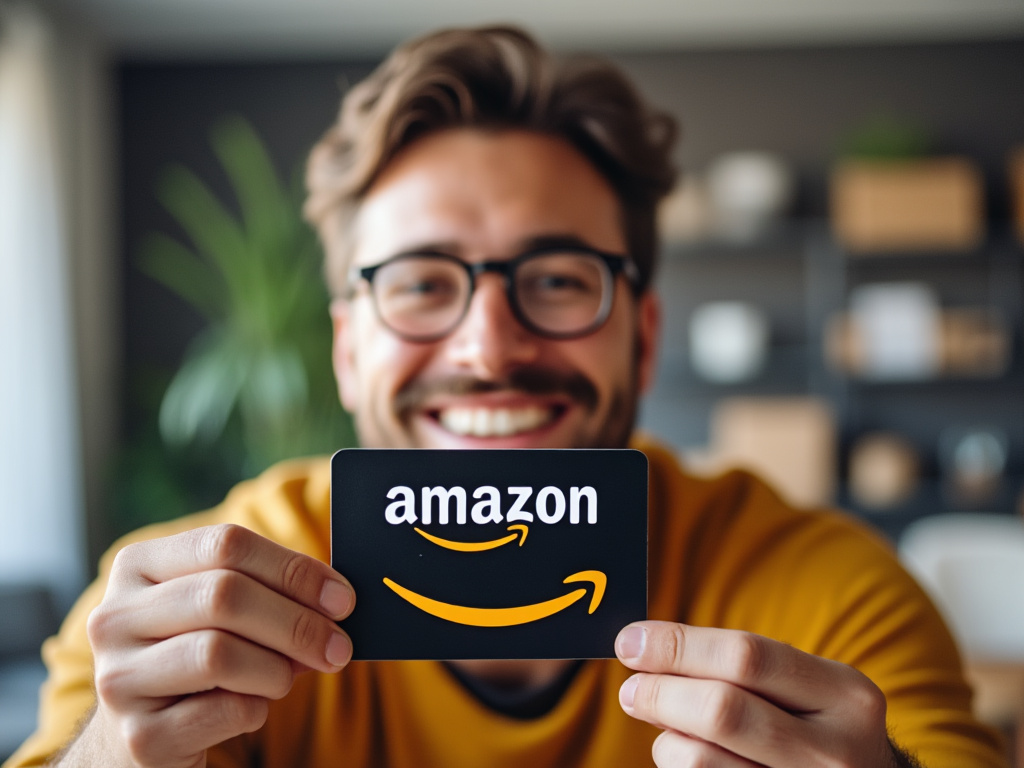 a photo of a smiling man holding an Amazon gift card with an indoor backdrop