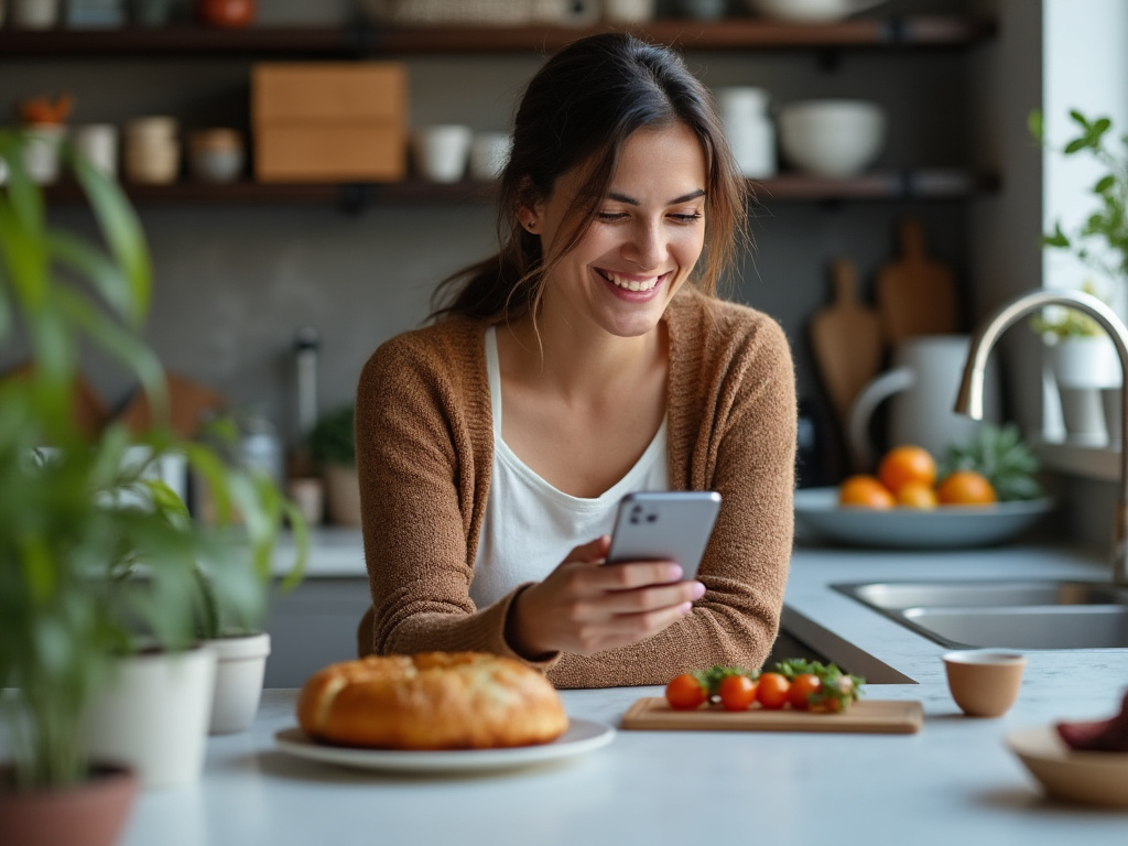 a photo of a smiling mom looking at her phone sitting alone in a kitchen