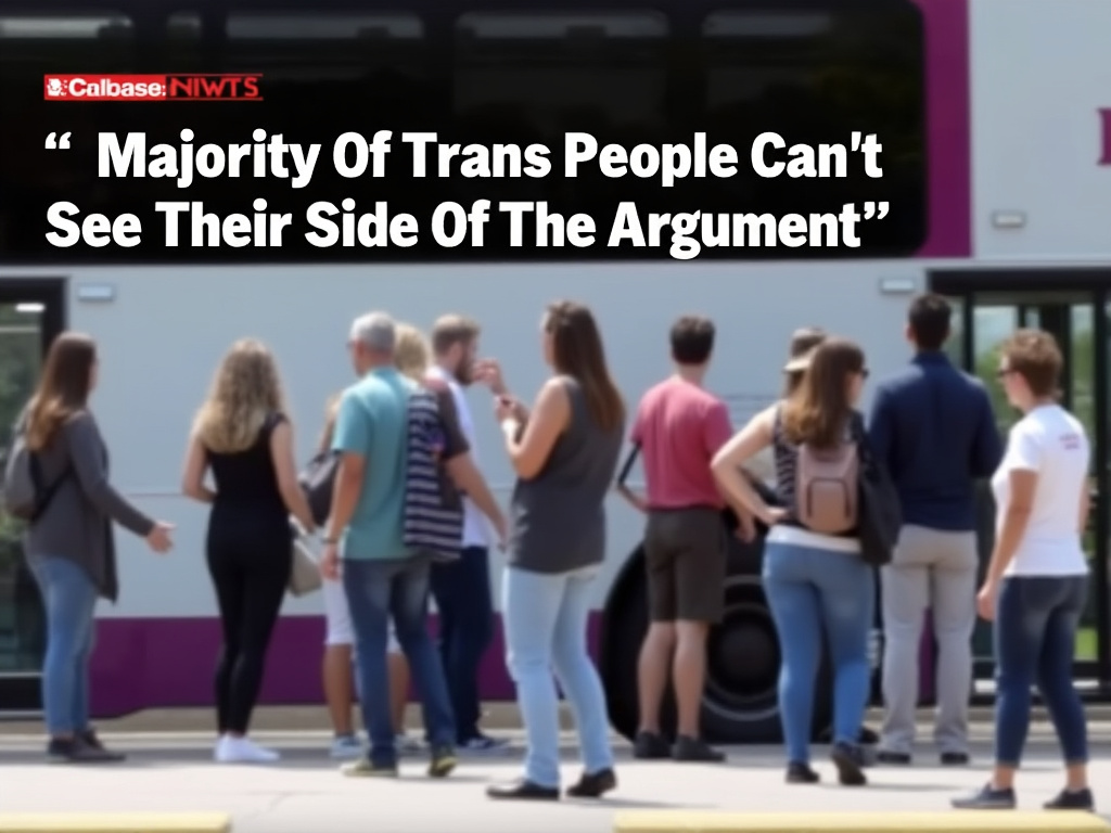 a screenshot of the headline from a news article that says "Majority Of Trans People Can't See Their Side Of The Argument" with a blurry background from a group of people waiting for the bus