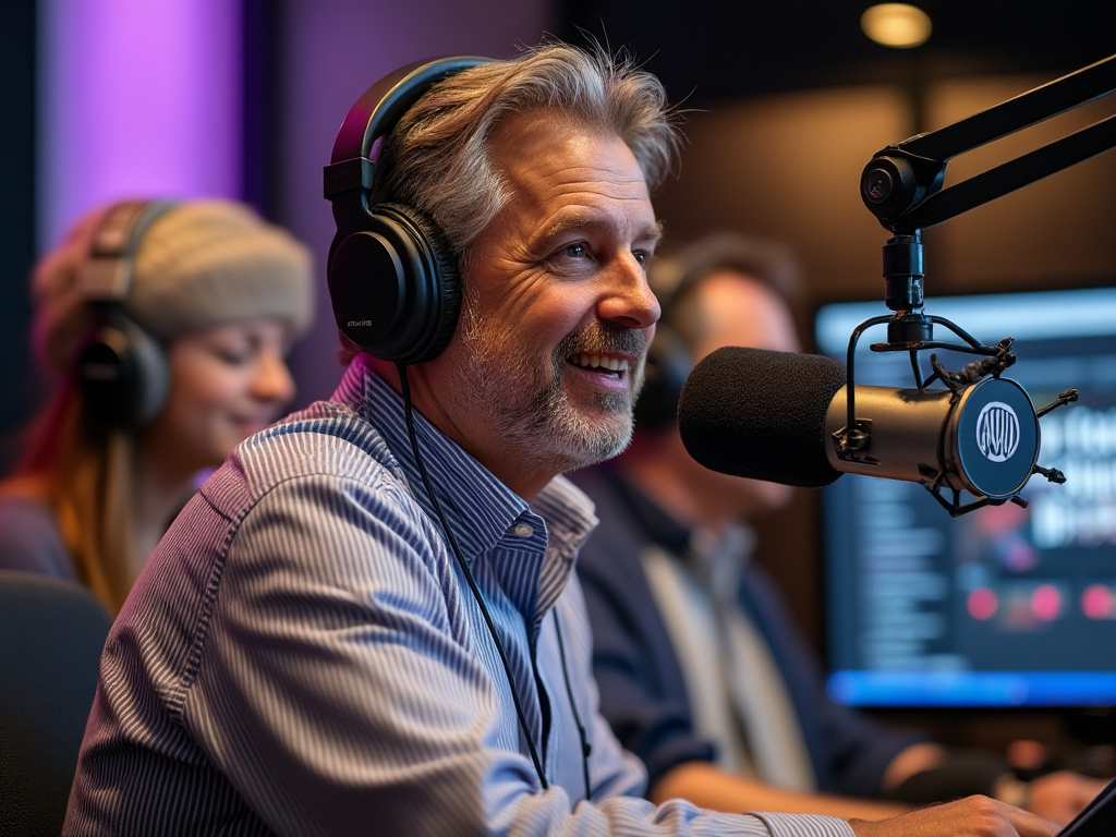 A photo of a public radio station host speaking into a microphone to an audience