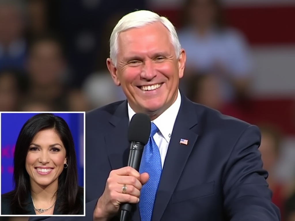 a photo of presidential candidate Mike Pence in a suit smiling and holding a mic, with a blurred background of a crowd; a second smaller, pixelated photo of Laura Loomer