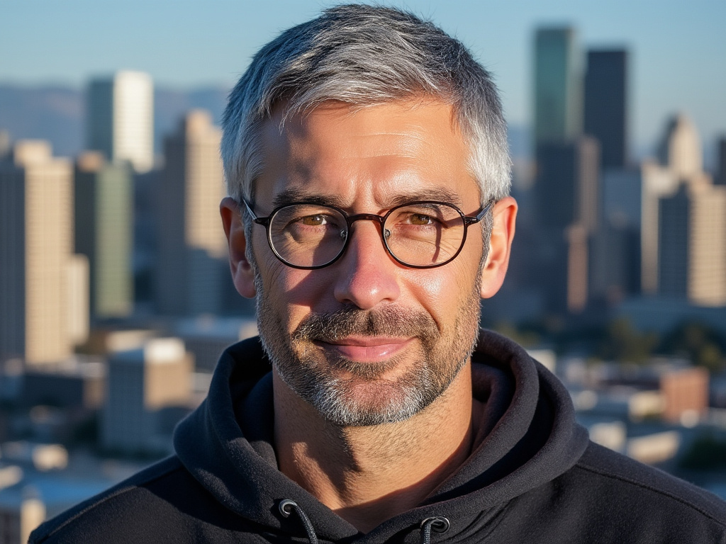 a portrait of Larry Page over California's skyline