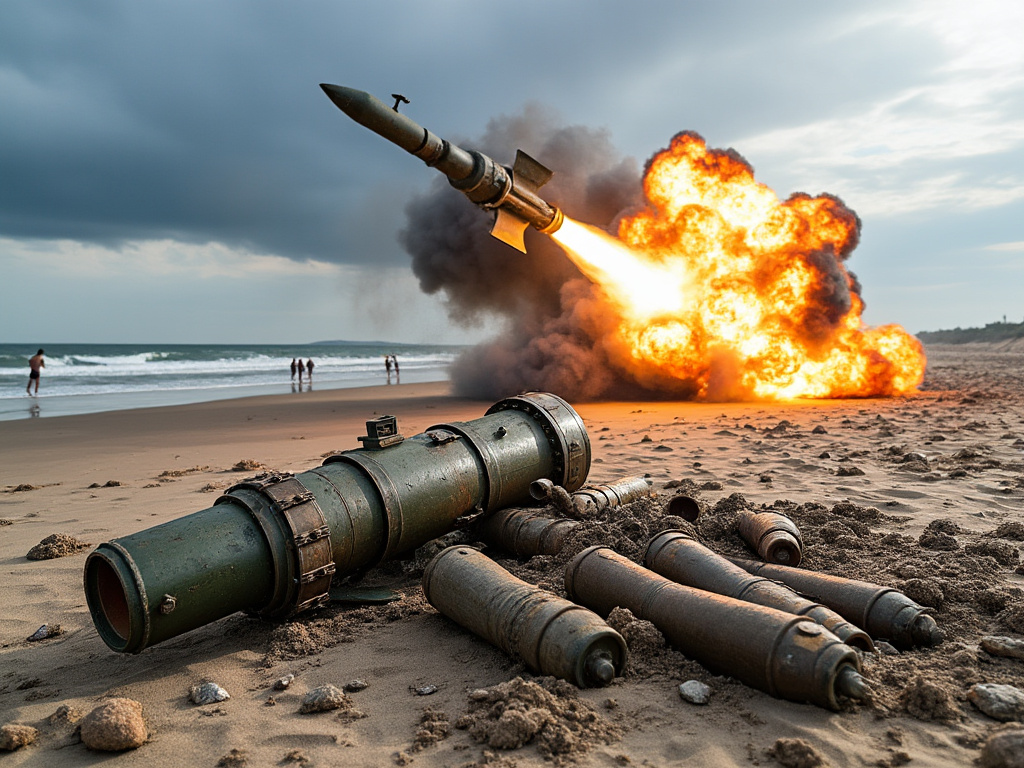a photo of explosive ordnance left on a beach with people in the background