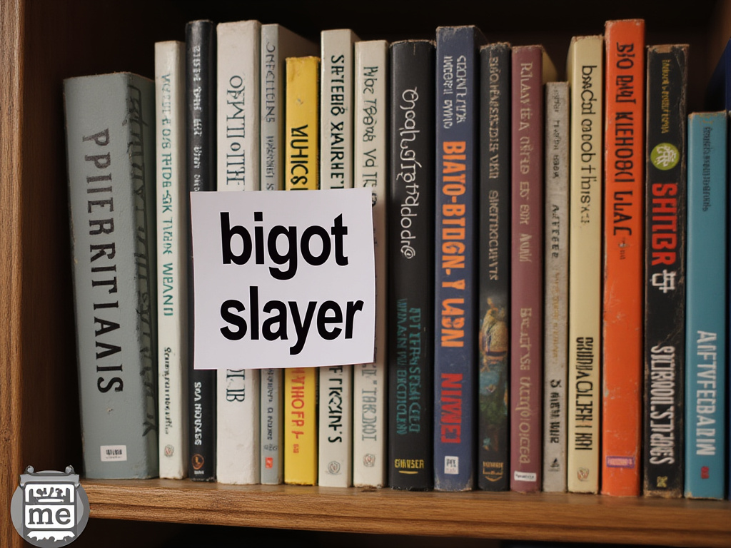 a photo of a bookshelf with a sticker on it labeled 'bigot slayer'