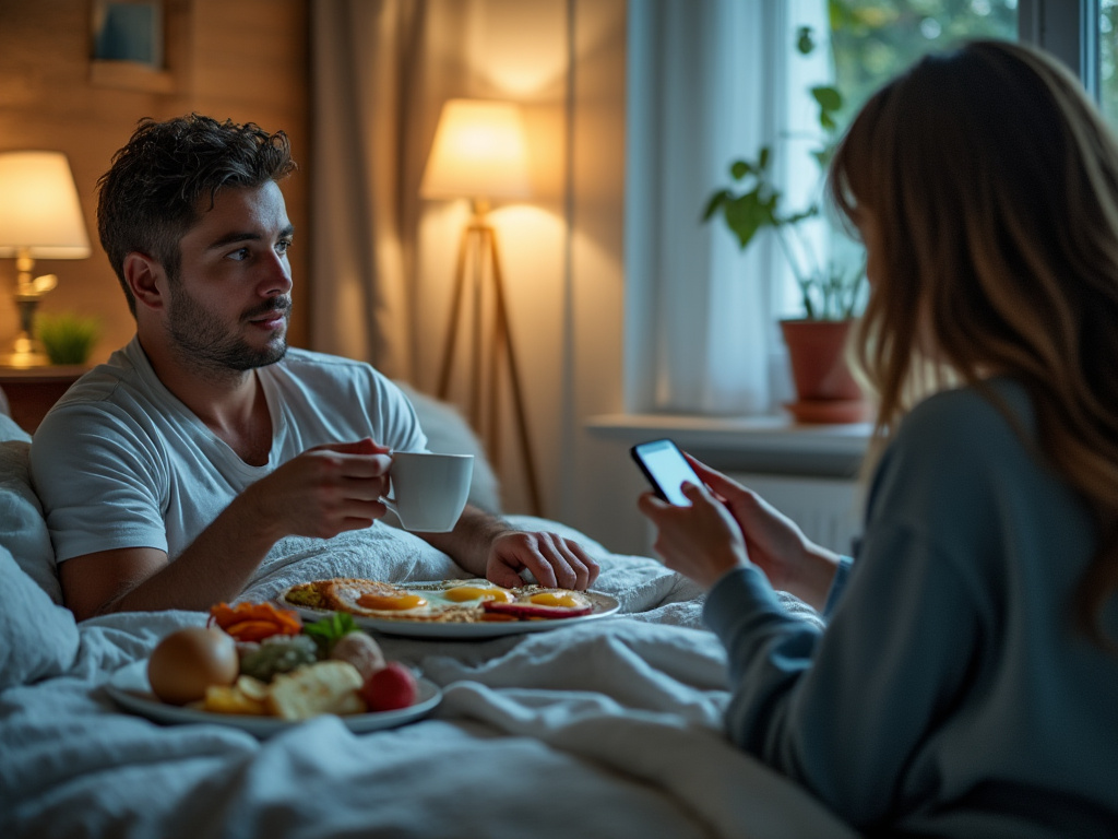 a picture of a man waking up in bed with breakfast. Another perspective shows a woman that has clearly unsettled a social media algorithm.