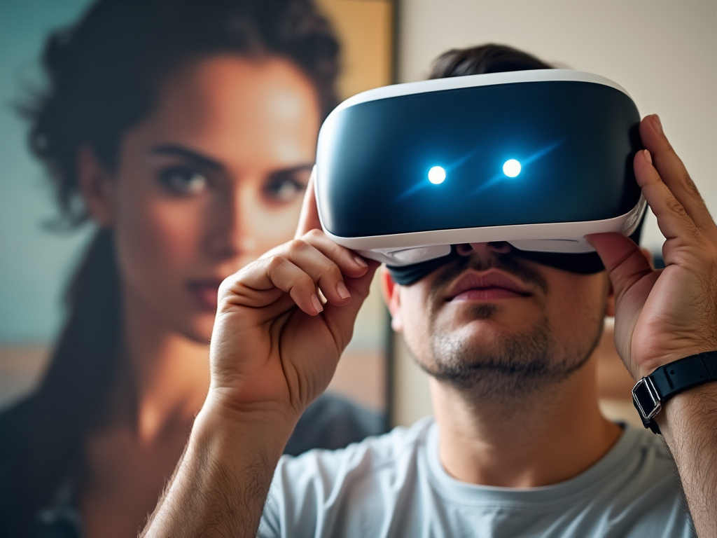 Palmer Luckey holding a VR lens in front of a picture of a woman