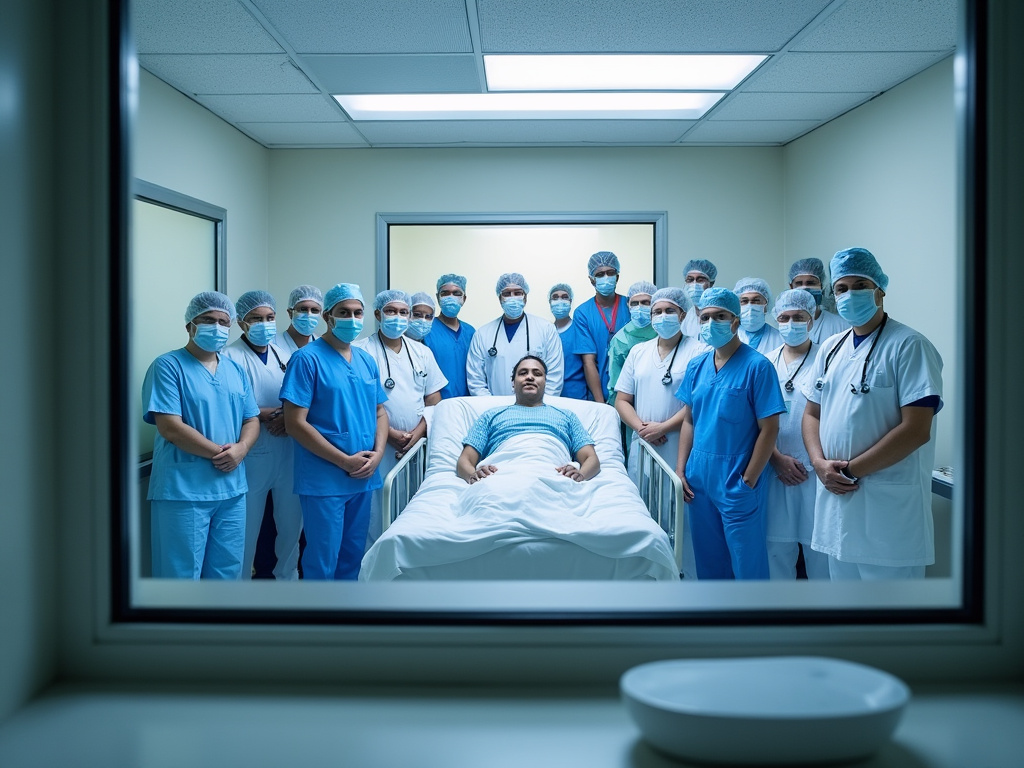 a photo of about a dozen doctors gathered around a patient on a hospital bed, taken through the window of a hospital room