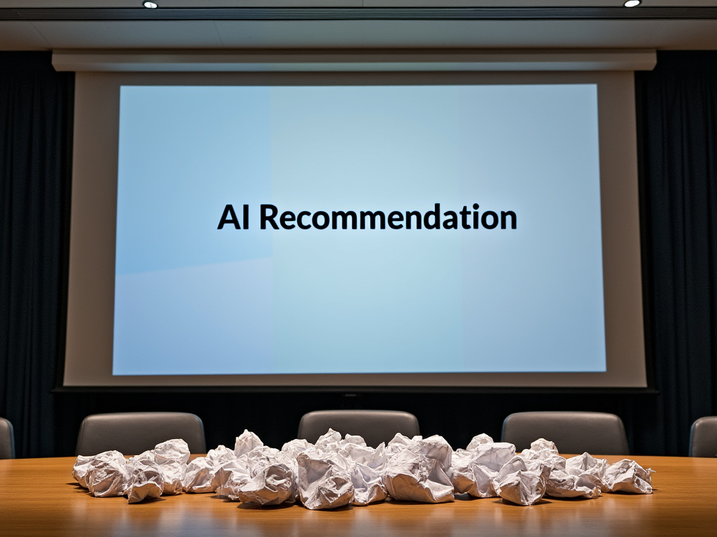 a photo of a UN meeting with a projector behind it showing 'AI Recommendation' with crumpled paper balls scattered on the table