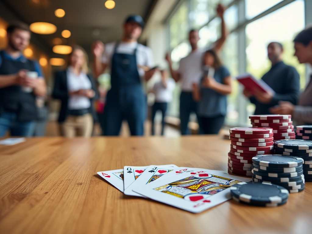 a photo of a light-wood table lined with playing cards and chips, with a blurry background showing employees on a picketing strike outside the window.