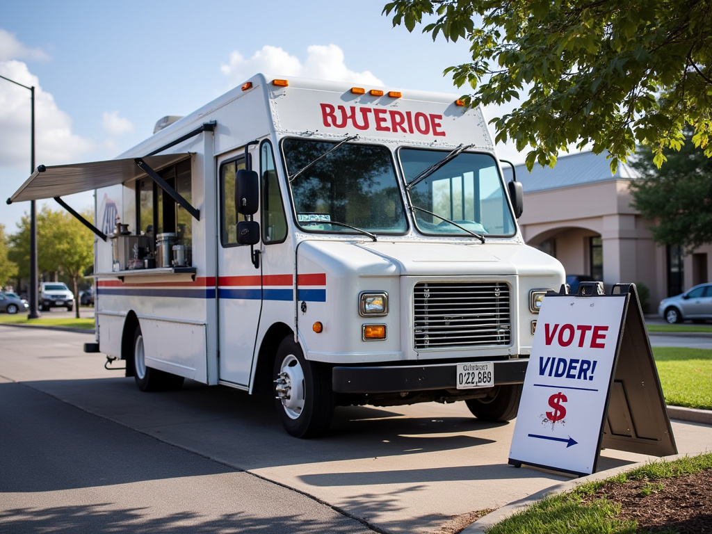 a stock photo of a voting precinct with a taco truck outside
