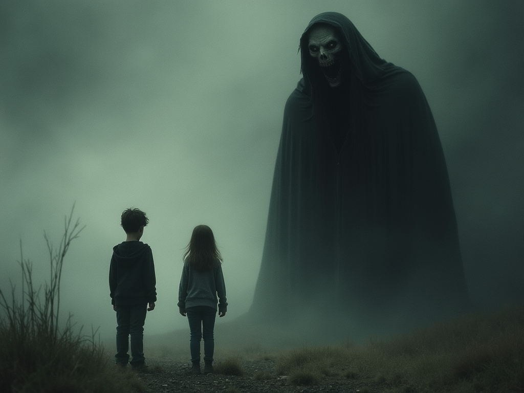 a blurry and slightly dark photo of a tall, ghoulish figure menacingly staring at a couple of kids from afar