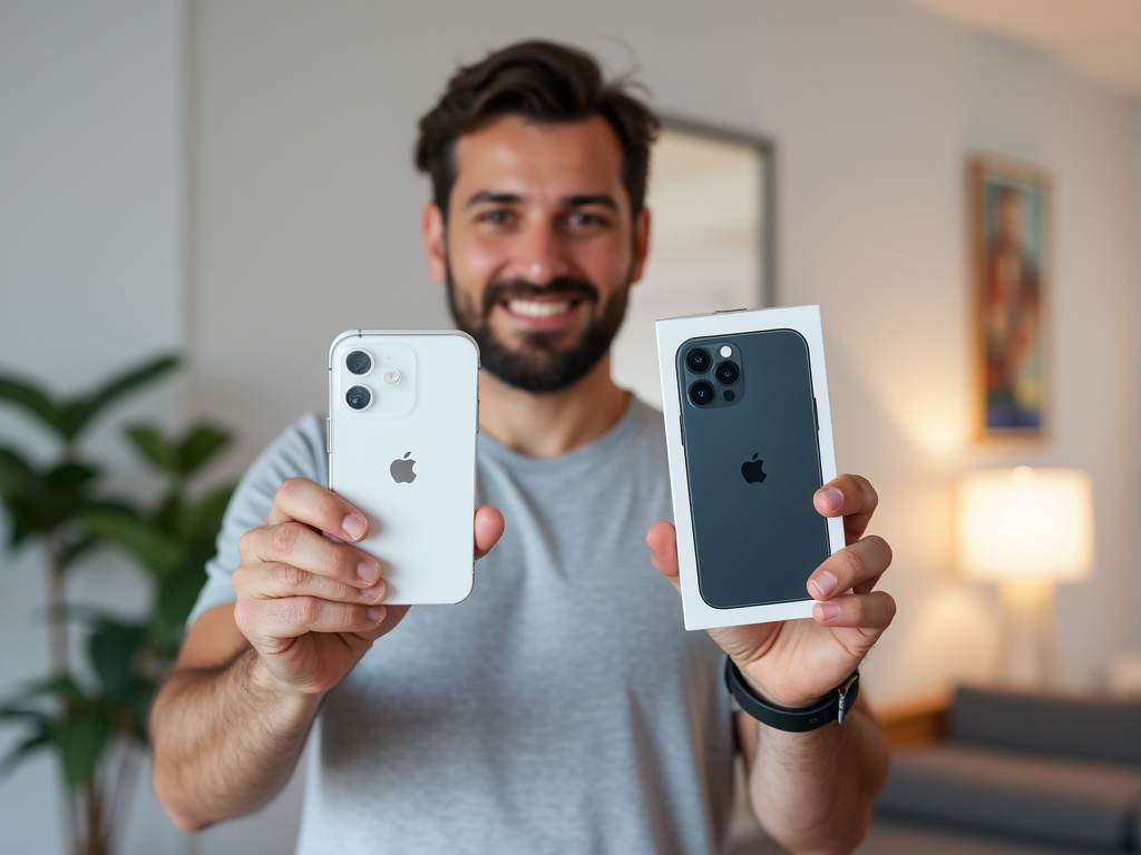 a photo of a man in his living room holding an iPhone in one hand and a boxed second iPhone in the other