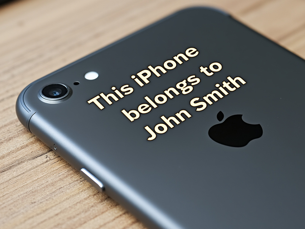 a photo of an iphone on a desk with the back plate showing an engraving that says "This iPhone belongs to John Smith"