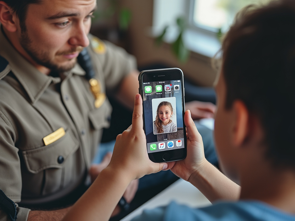 a photo of a police officer holding a phone up to a kid, trying to see if it is like the one that has his missing daughter's apps on it