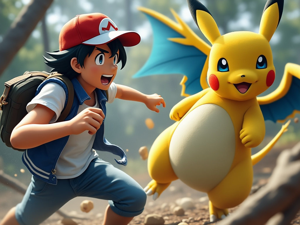 a live-action image of Ash Ketchum battling a Pokémon, with a blurry background