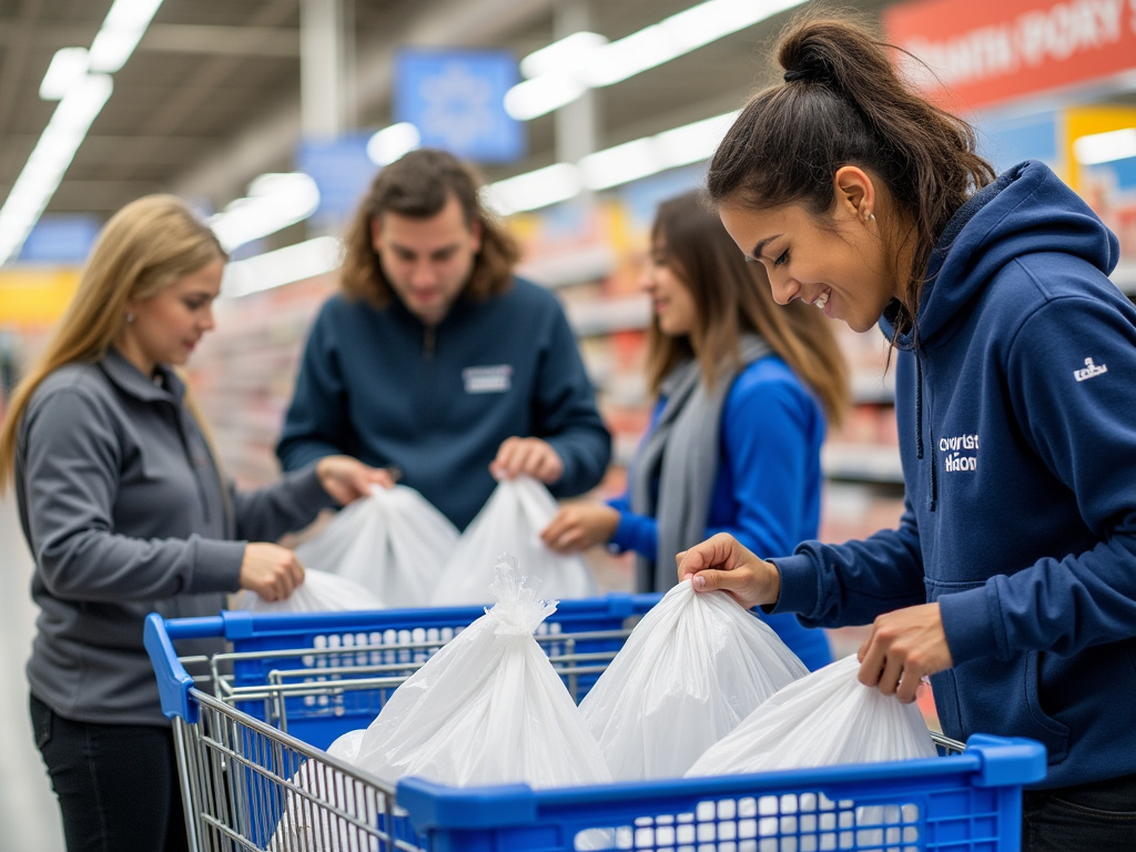a group of putting bags into a shopping cart inside a Wal-Mart
