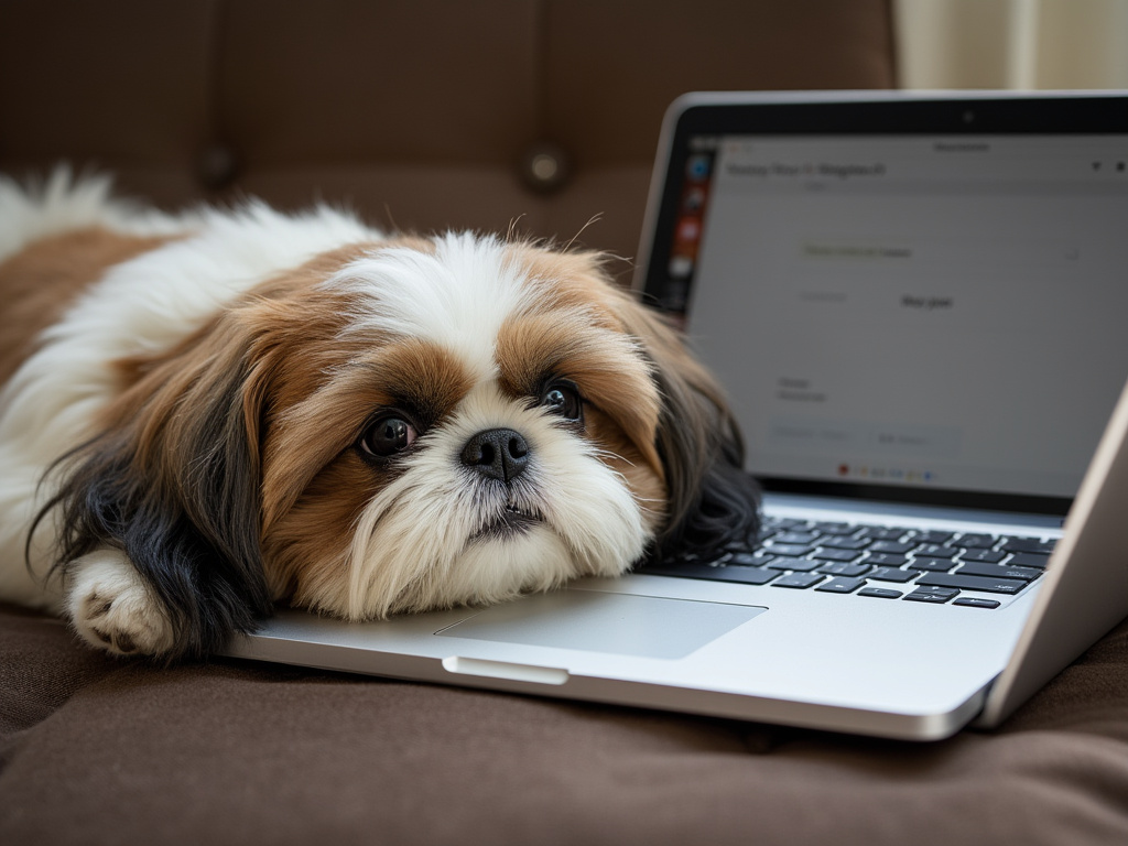 a photo of a shi-tzu dog laying next to a laptop