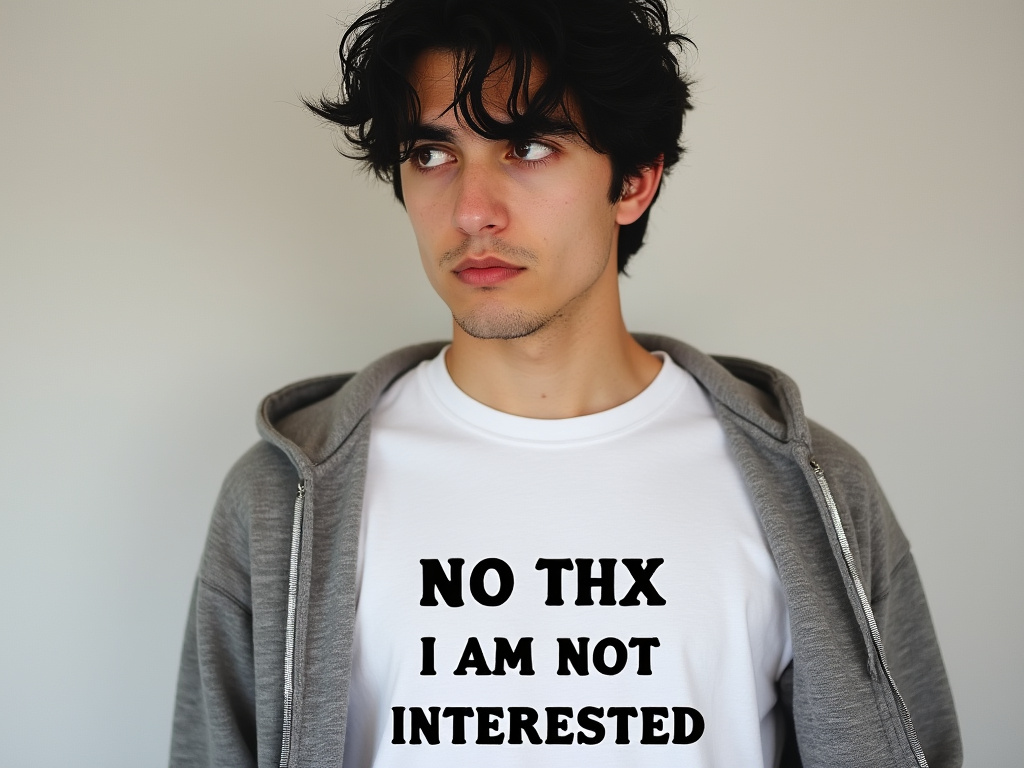 A photograph of a young man with black hair wearing a t-shirt with a sans-serif font reading, “NO THX I AM NOT INTERSTED,” looking off to the side in confusion.