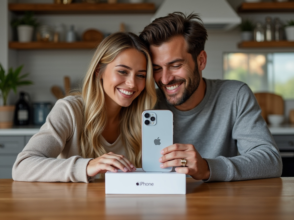 A couple sitting at a kitchen table looking at an open box for a new iPhone, with the woman holding up a clear case. Typical Apple advertisement style.