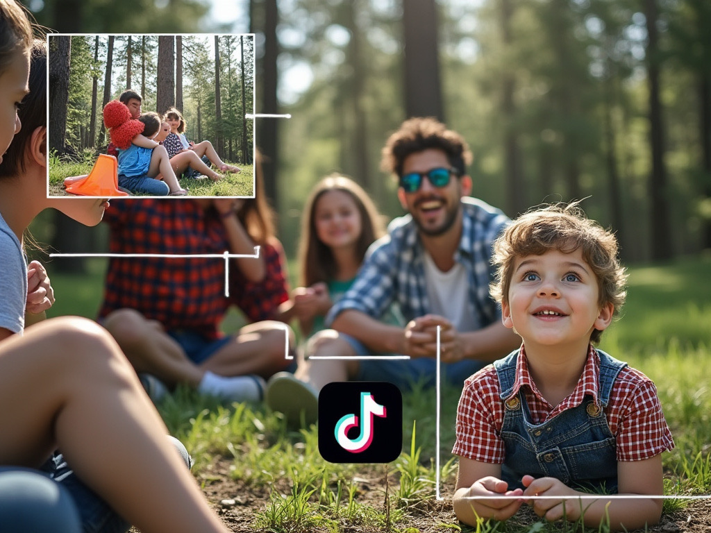 photograph of a family camping with a boy filming a TikTok video, with the original picture in the inset