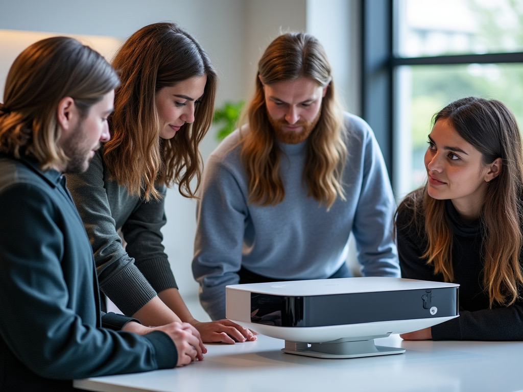 a photo of a group of Apple employees gathered around the new Apple Vision Pro on a table trying to figure something out