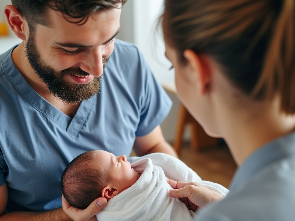 a photo of a young husband being handed a baby by a midwife