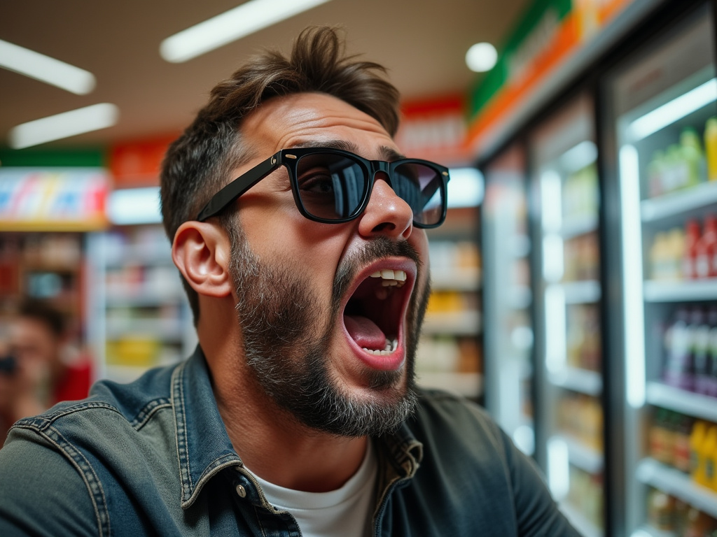 a photo of a man wearing sunglasses yelling in a convenience store