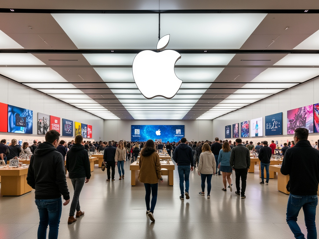 a photo of an apple store inside with shoppers ready to buy