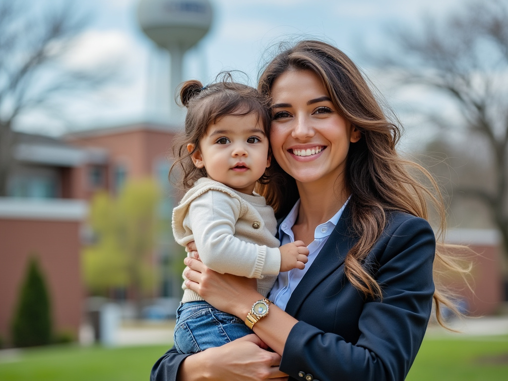 a photo of a woman in business attire holding a toddler with a community college water tower in the background