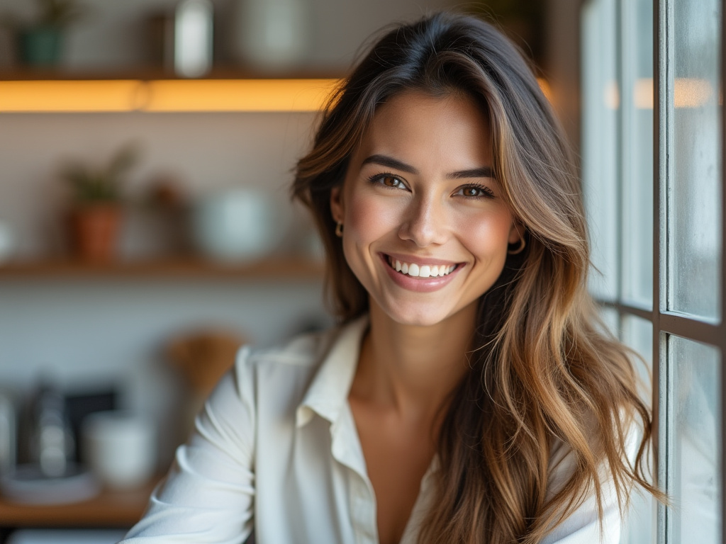 a photo of a woman smiling at the camera with a blurry milky background