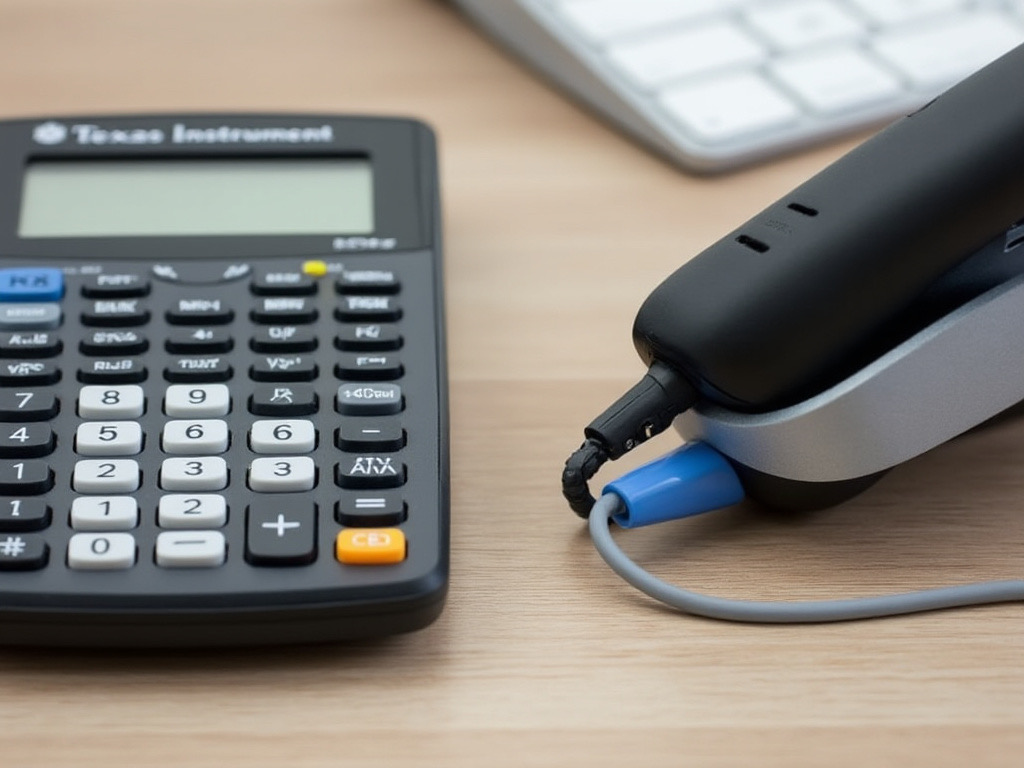 a photo of a student's desk with a Texas Instrument calculator that has a phone docked in it