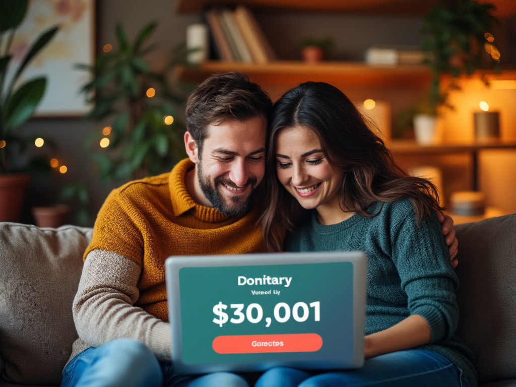 a picture of a couple sitting together in a cozy setting looking at their laptop with a website showing a donation total of $30,001
