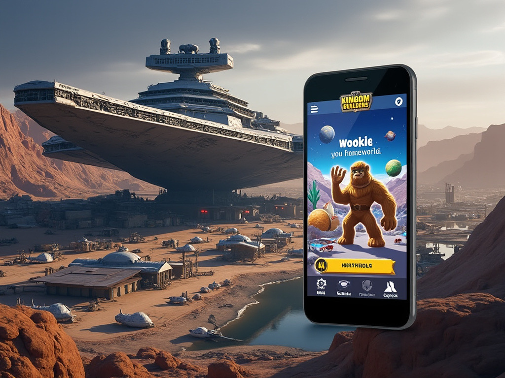 a screenshot of a Star Destroyer docked in the Death Star construction yard with an overlay of the Kingdom Builders mobile app showing Wookiee homeworld.