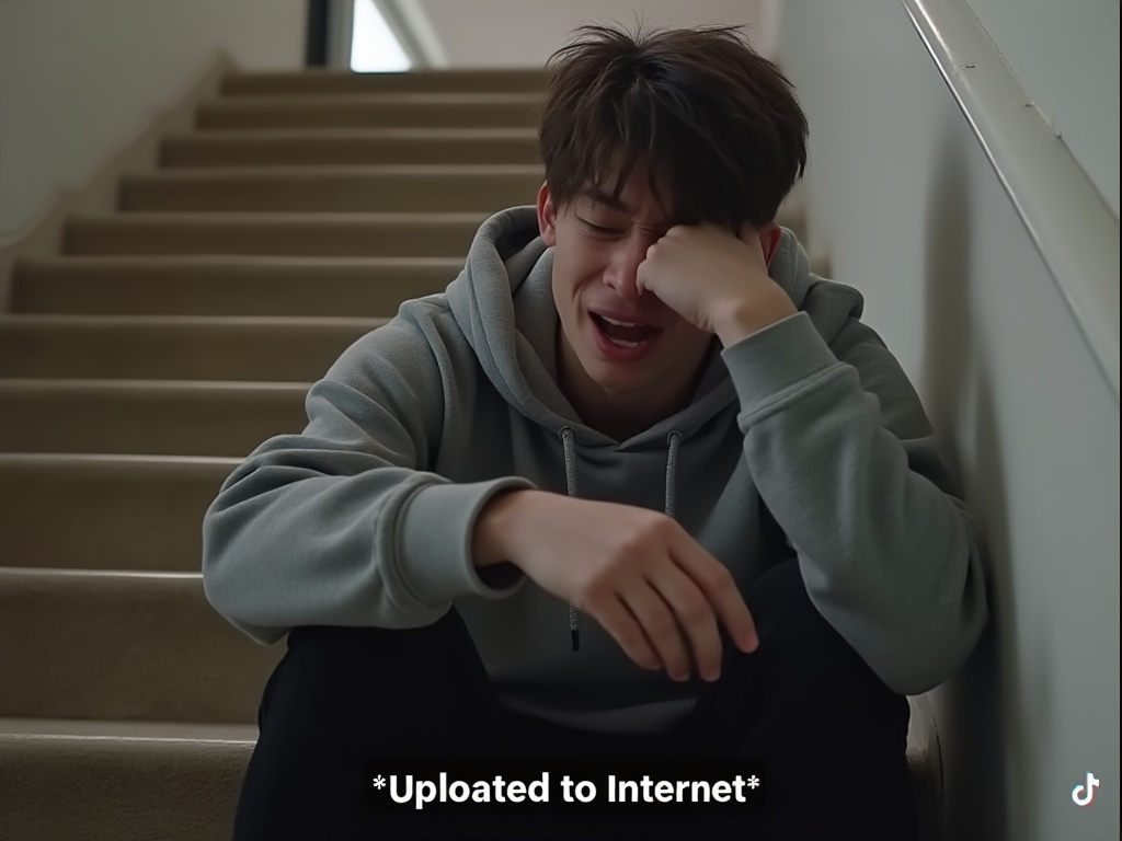 a sad young adult crying under a staircase with captions saying 'Uploaded to Internet' in the corner and a TikTok logo watermark